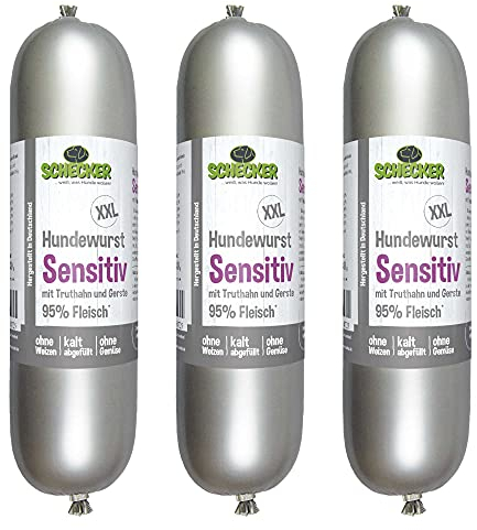 Schecker Hundefutter - Hundewurst XXL Sensitiv - Nassfutter für Hunde - weizenfrei - mit 95% Fleisch - Fleischwurst 3 x 800g