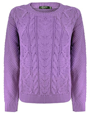 TOP VENDOR Ladies Cable Knitted Crew Round Neck Long Sleeve Womens Jumper Sweater Size 8-14 [Lavender,SM (8-10)]