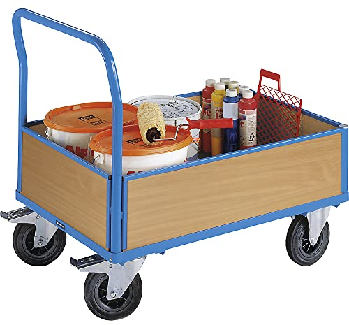 eurokraft | Plattformwagen mit Holzwänden | mit 4 halbhohen Wänden | LxB 1250 x 800 mm | Vollgummireifen