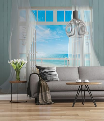 Komar Vlies Fototapete MALIBU | 300 x 250 cm | Tapete, Wand Dekoration, Strand, Meer, Ozean, Urlaub, Veranda, Schlafzimmer, Wohnzimmer- 956-DV3, Bunt, 300 x 250 cm (Breite x Höhe)