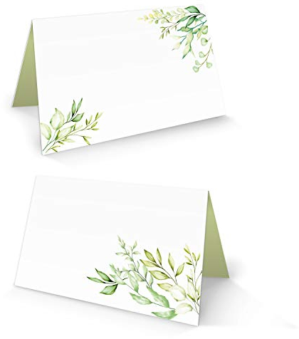 Cartoncini segnaposto tavolo con foglie verdi, Set di 50: biglietti personalizzati matrimonio, comunione, battesimo, compleanno, cartellini eleganti per feste primavera estate, 8,5 x 5,5 cm