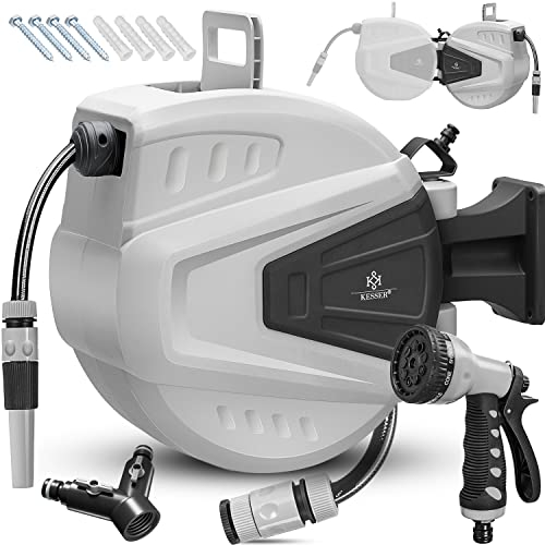 KESSER® Enrollador de mangueras Agua | Ducha de mano múltiple | Giratorio 180° | Tapón de rebobinado | Montaje en la pared | Caja de mangueras de pared | Manguera de jardín, gris 30 M