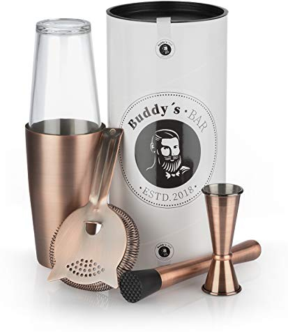 Buddy´s Bar – „Boston Bar-Set“, 700 ml, Boston Cocktail-Shaker, Barmaß, Stößel, Barsieb, lebensmittelecht, Bar-Set inklusive Geschenkbox, Kupfer Antik