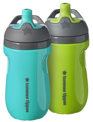 Tommee Tippee Lot de 2 bouteilles isothermes Sportee de 260 ml pour tout-petits, anti-déversement, poignée facile à tenir, vert et bleu sarcelle, 260 ml