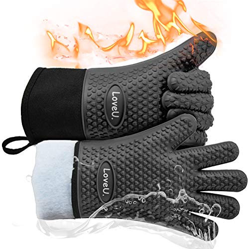 Loveuing Guanti da forno da cucina, a doppio strato, resistenti al calore, guanti da forno in silicone con 5 dita, impermeabili, antiscivolo, per barbecue, cucina, cottura (XL-XXXL, nero lungo)