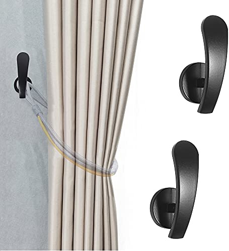 HEMOUR Curtain Holdback, 2pcs Wall Mounted Drapery Tiebacks with Screws, Decorative Drapery Metal Hook Wall Hanger, Black