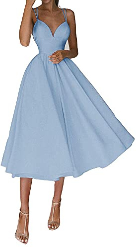 yhfshop Medium lång klänning brudtärneklänning satin A ord aftonklänning himmelsblå_8