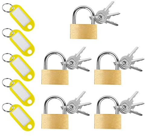 cinque piccoli serrature di 30mm con serrature per armadietti in rame; — cinque portachiavi giallo con lucchetti