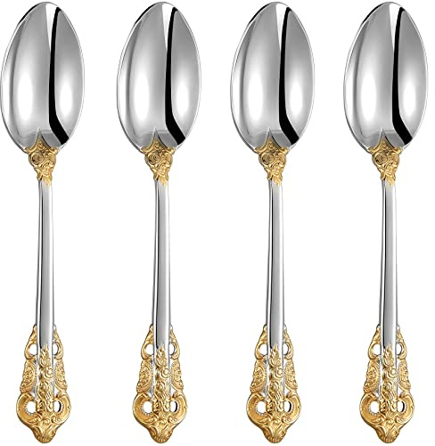 KEAWELL Luxury 4-Piece 18/10 Stainless Steel Dinner Spoon Set (Gold Accent) | Ornate Baroque Dinner Spoons; 7.8-Inch; Brilliant Mirror Finish; Gold Accent; Statement Flatware for Formal Dining