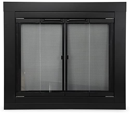 Stanbroil Kamin-Glas-Tür, doppelt gefaltet, schwarzes Finish, mittelgroß, dekorative Kaminschutztür für Kaminzubehör