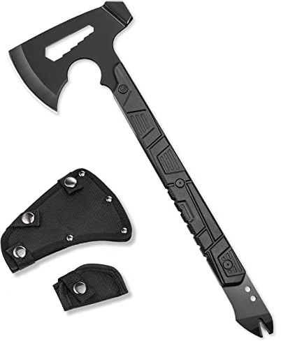 Camping Axe and Survival Hatchet 17.5in Full Tang mit 3.7in Edelstahlblatt, Hammer und ABS-Handle für Outdoor-Survival, Camping, Wurf und Alltagshaufgaben, Schwarz