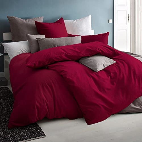 Soifox Bettwäsche 135x200 4teilig Rot - bettwäsche-Sets aus Mikrofaser bügelfrei & knitterfrei Bettbezug 2er Set + Kissenbezug 2er Set 80x80 mit Reißverschluss