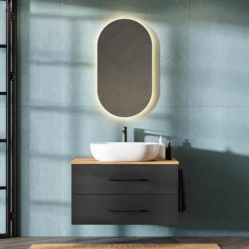 Planetmöbel LUX Badmöbel Set Waschbecken mit Unterschrank 90 cm hängend inkl. Aufsatz-Waschbecken 60 cm weiß, Waschbeckenunterschrank Gold Eiche/Anthrazit