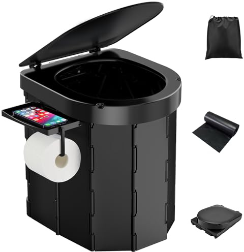PAHTTO Toilette portatile da campeggio, WC pieghevole per adulti con ripiano staccabile per telefono e porta carta igienica, vasino porta con coperchio (nero)