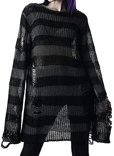 Y2K Gotisk sliten randig tröja överdimensionerad fe grunge rippad stickad pullover rave punk emo virkade toppar, Svart, one size