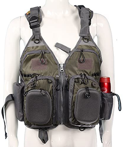 JKSPORTS Fly Fishing Vest Fishing Safety Life Jacket for Swimming Sailing Boating Kayak Floating Multifunction Breathable Backpack for Men and Women Kayak Vest Swim Vest (Green and Gray,with Foam)
