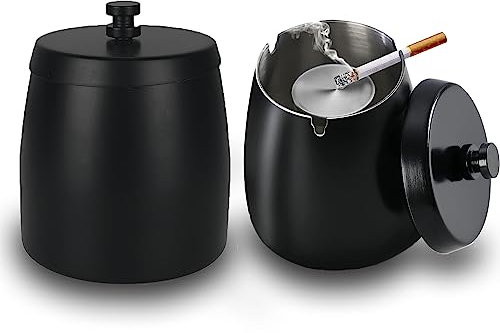 SENENQU 2er-Set Aschenbecher mit Deckel - Groß Outdoor Aschenbecher für Draussen Schwarz Windaschenbecher Edelstahl, Sturmaschenbecher mit Rutschfest Boden, Standaschenbecher für Draußen und Innen