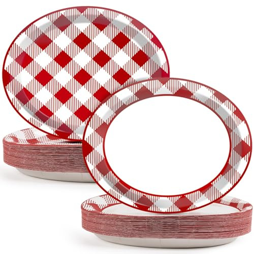 50 PCS Checked Oval Paper Plates Large 11 Disposable Red & White Checkered Platter BBQ Party Decorations Summer Barbecue Supplies Favor for Gathering Picnic Carnival Birthday Party Tableware Set
