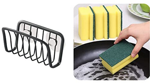 iDesign Axis Sink Sponge Holder, Made of Rustproof coated Metal, Matte Black & HOMESmith 8 Packs Heavy Duty Scrub Sponge, Dual-Sided Dishwashing & Cleaning Sponge for Kitchen (Pack of 8)