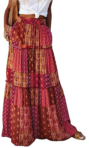 Byoauo Damen Rock Lang Hohe Taille A-Linie mit Gürtel Taschen Boho Blumen Maxi Sommerrock Strandrock