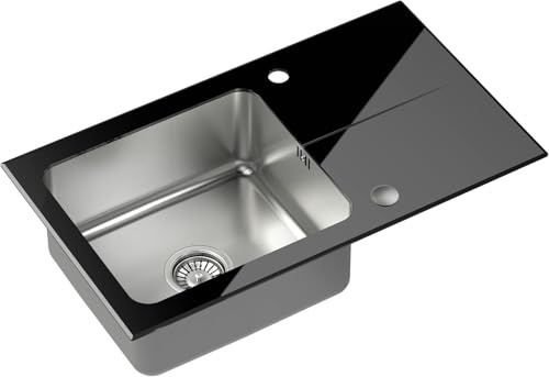 QUADRON Spülbecken Glasspüle Küche | Größe 77 x 44 x 19 cm, Farbe: Schwarz | HUGH 111 Gehärtetes Glas Einbeckenspüle | Einzelbecken Küchenspüle Edelstahl Stahlspüle