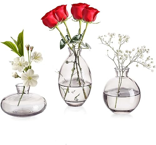 Vaser, set om 3, små blomvaser, moderna av kristallgrå, minivaser, glasflaskor, vas dekorativ, glasvas dekoration för bordscent, böcker, bröllop, dop, födelsedag, mors dag gåva
