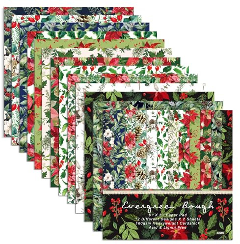 GLKTOPO Weihnachtsstern-Scrapbook-Papier, 24 Blatt, 15,2 x 15,2 cm, rot mit mehrfarbigen Mustern, säurefrei, einseitig, quadratisch, ideal für Bastelarbeiten und Scrapbook