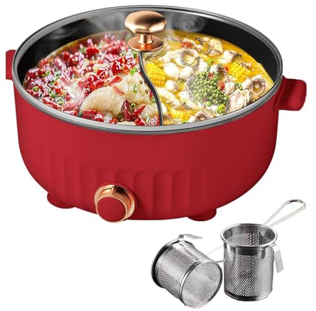 ARTSIM Appareil Fondue, 1350 Watts Faitout 2 Compartiment Convient Aux FêTes d'anniversaire (avec 2 Filets Non éTanches),Red