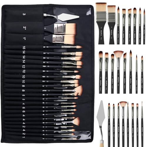 Nicpro 26pcs Paint Brush Set, Professional Paintbrushes, Cloth Roll, Artist Paint Brushes for Acrylic Canvas Painting, Oil, Watercolour Gouache, Adults Art Supplies Painting Tools