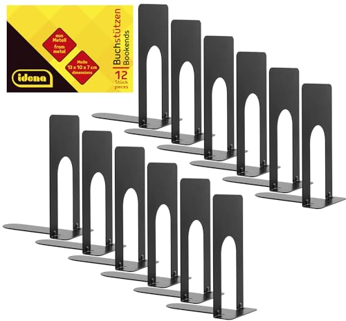 Idena 11110 - Bokstöd i Svart Metall, 12 Stycken, 13 x 10 x 7 cm, för Bokhyllor
