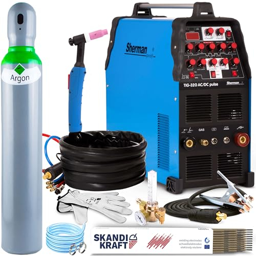 Sherman TIG 320 AC/DC Pulse - Profi Aluminium Schweißgerät - 320A / 400V - WIG Schweißgerät AC DC Puls - Hochleistung: 100% Einschaltdauer bei 200A - Set:Professional