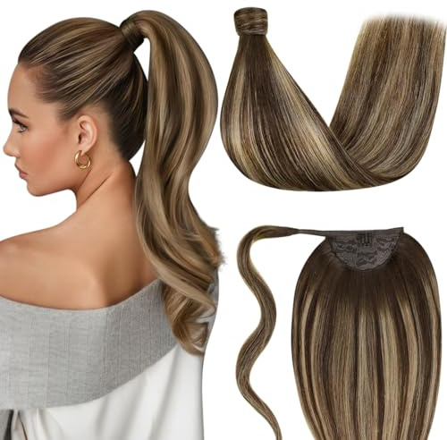 LaaVoo Ponytail Extension Echthaar Braun Balayage Echthaar Extension Pferdeschwanz Dunkelbraun Ombre Honigblond Zopf Extension Echthaar Haarverlängerung Zopf Glatt #4/27/4 70g 35cm
