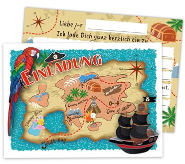 Limonia 8 Einladungskarten zum Kindergeburtstag Motto Feier Fest Einladung Set Geburtstag Mädchen Kinder Jungs Jungen Boys Teenies Piraten Schatz Schatzsuche Expedition Abenteuer