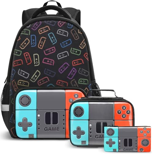 Beaulyn Mochila Escolar para Niños, Bolsa Escolar Gamer para Estudiantes de Primaria Intermedia y Primaria, Mochila de Videojuegos de 17″ para Portátil, 3-Piece Backpack Set