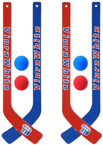 VioraWhite 8 Pcs Mini Knee Hockey Stick and Ball Set Knee Hockey Set Includes 4 Mini Sticks and 4 Foam Balls for Sports Winter Indoor Floor (Red Blue)