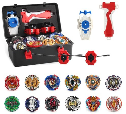 Bay Burst Turbo Set, 12 WDKXCN Stück Bay Kampfkreisel mit Kasten Metal Fusion und Launcher Griff, B-ay-Starter Set, Ba-y Arena Burst Turbo S-et