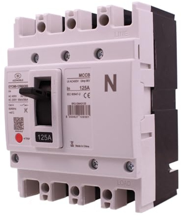 Interruttore Scatolato MCCB 125A 4 Poli 3P+N, Magnetotermico Industriale Trifase, Icu/Ics 36kA/18kA, Ui AC400V, Uimp 8kV, Cat. A, IEC 60947-2, Pulsante TRIP, per Quadri Elettrici, Serie GYCM8