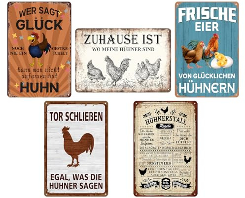 5er Set Hühnerstall Blechschild mit Lustig Spruch-Hühner Schild Retro-Lustige Hühner Metallschilder Vintage Schild Hühnerstall Zubehör Outdoor Deko 20x30 cm