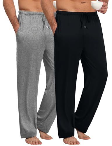 Ekouaer Lot de 2 pantalons de pyjama pour homme long à carreaux Pantalon de pyjama chaud d'hiver Pantalon de loisirs doux Noël avec poches cordon serrage Bleu Blanc + Noir Blanc Carreaux M