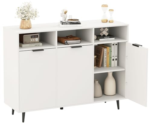 RELAX4LIFE Credenza Buffet in Legno, Mobile Dispensa da Cucina con 3 Ante e 3 Scomparti Aperti, Mensola Regolabile, Armadio Multiuso per Sala da Pranzo, Ingresso, Soggiorno, 120 x 40 x 90 cm, Bianco