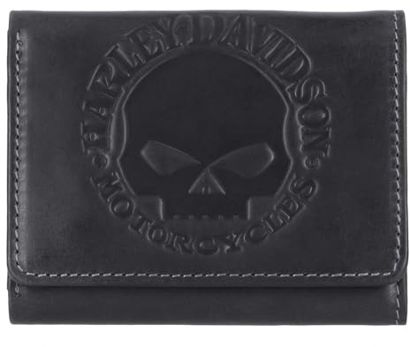 Harley-Davidson Men's Willie G Skull Snap Tri-Fold Leather Wallet, Black