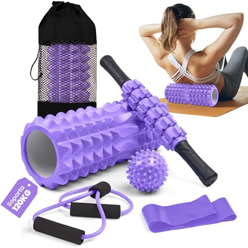unycos - Set 5 en 1 de Rodillo【PP/EVA】para Masaje Muscular | Foam Roller Soporta 120 kg, Palo y Bola de Masaje, Banda de Resistencia, Cuerda de Forma y Bolsa de Transporte (Morado)