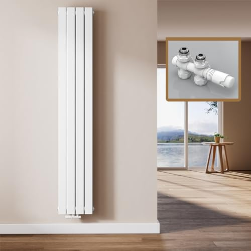 EMKE Design Heizkörper Schmal Hoch, 1800x304 mm Vertikal Flachheizkörper mit Mittelanschluss, Doppellagig Weiß Paneelheizkörper Wandheizkörper für Bad, Schlafzimmer & Wohnzimmer, 1082W