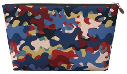 Organizador pequeño de neceser de viaje para maquillaje, de piel con estampado de camuflaje azul marino y rojo, para mujeres y hombres, bolsas organizadoras para bolso con cremallera