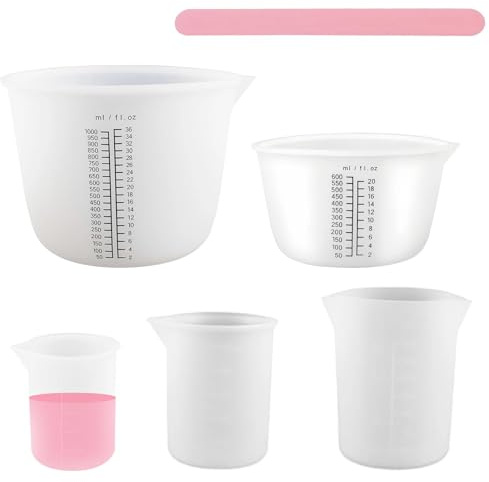 LINTRA 5 Piezas Copas de Medición de Silicona, Silicona Vaso Medidor con Graduación y Varilla para Mezclar, Juego de Vasos Medidores 1000 ml/600 ml/350 ml/250 ml/100 ml, para DIY, Manualidades