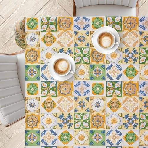 KP HOME Premium PVC Table Cloth Wipe Clean - Colorful Mediterranean Vintage Tile Pattern with Soft Feel, Waterproof Plastic Table Cover 78.7”x55.1” / 200x140cm Wipeable Oilcloth Tablecloth for Outdoor