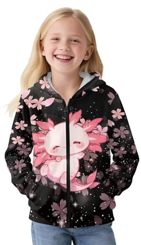 Upetstory Cherry Blossom Axolotl Hoodie for Girls Zip Up Sweatshirt Kids Clothes Size 11-13 Active Jacket Hiking Running Cycling Yoga Clothing for School Holiday Outdoor Sport Workout