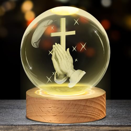 SGZIOO Sfera di cristallo 3D, luce notturna, lampada a LED con statua di Gesù croce, base in legno incisa, sfera di vetro illuminata con luce, sfera di vetro USB per souvenir, decorazione di interni