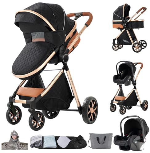 3-i-1 resesystem, barnvagn för nyfödda och spädbarn, med babystol, justerbart soltak, från 0–36 månader, svart-guld (V9)