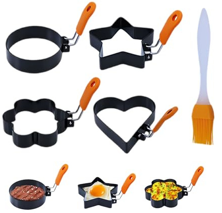 EAZHOP 4 Stück Omelettformen, Rund Herz Edelstahl Pancake Form， B | Antihaftbeschichtete Herz Eierringe mit Klappgriffen Ölpinsel, Spiegeleier Form, Spiegeleiformen Antihaft für Spiegeleier